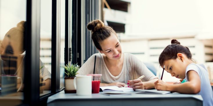Tarefa de casa: como torná-la mais significativa? 1 Mãe acompanhando a filha em tarefa de casa