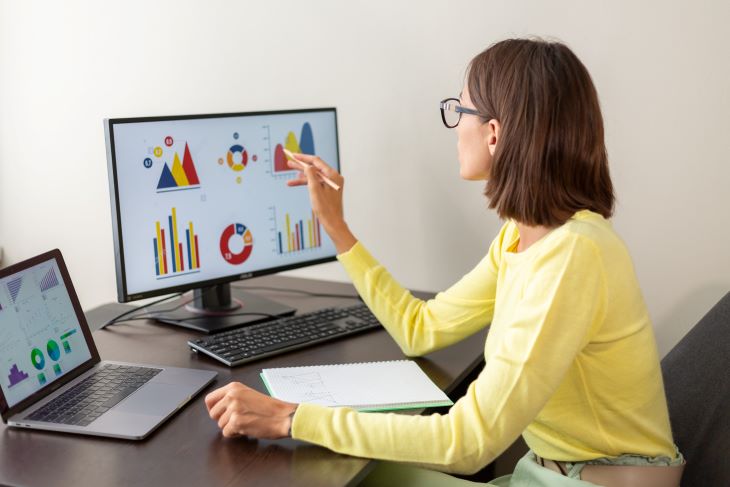 Clima escolar: como melhorar a percepção dos estudantes sobre a escola? 1 Foto de gestora escolar analisando indicadores de clima escolar em dashboard de dados